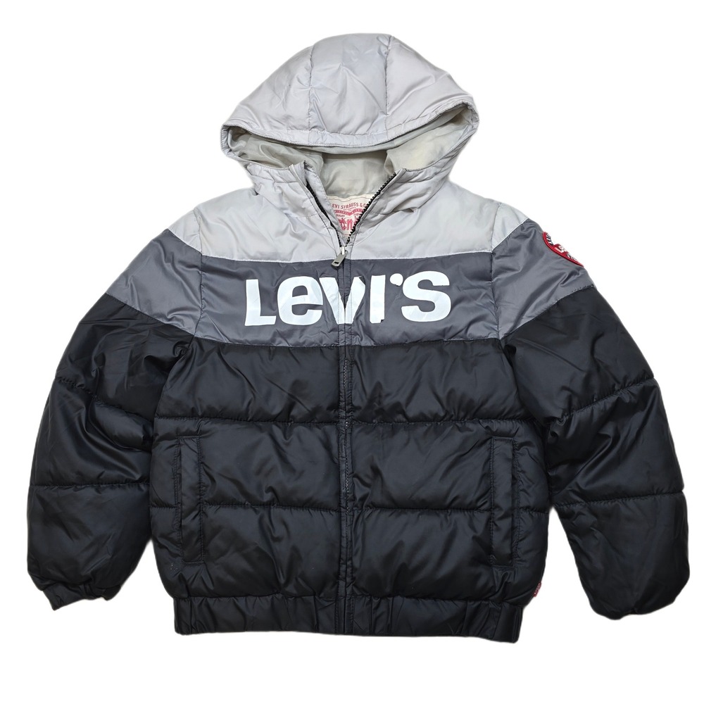 Levis Puffer Jacket Boys Kids Small 8-10 Gray Black Colorblock Hooded Winter